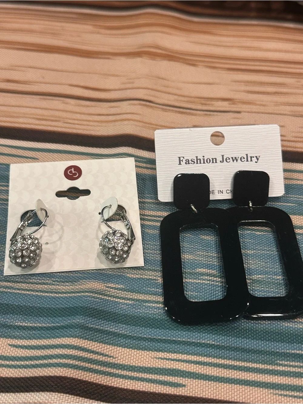 Fashion Jewelry Black Rectangular Open-Hoop Drop Earrings & Silver sparkle balls